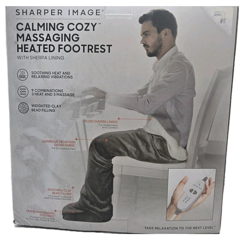 NEW Sharper Image Massaging Heating Footrest W Sherpa Lining Massaging 9 Setting